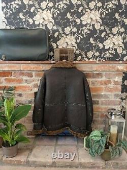 Vintage Sheepskin Leather Shearling Lined Coat Jacket Brown Aviator Size L