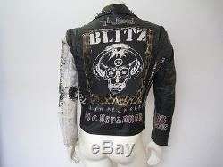 Vintage Studded Painted Patched Punk Black Leather Motorcycle Jacket Size SM/MED