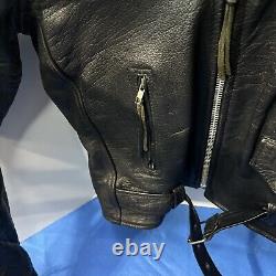 Vintage Wilsons Black Leather Motorcycle Jacket Belted Size Large Heavy Punk VTG