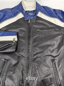 Vintage Wilsons Leather Motorcycle Jacket Mens Size XXL Blue Black White Biker