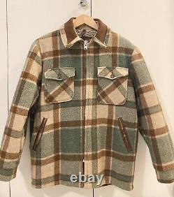 Vintage Woolrich Plaid Wool Shirt Jacket Sherpa Lined Leather Collar M USA