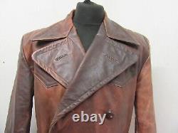 Vintage Ww1 Leather Motorcycle Aviator Officers Trench Jacket Size L Ace Patina