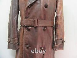 Vintage Ww1 Leather Motorcycle Aviator Officers Trench Jacket Size L Ace Patina