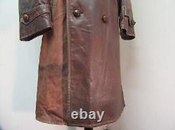 Vintage Ww1 Leather Motorcycle Aviator Officers Trench Jacket Size L Ace Patina