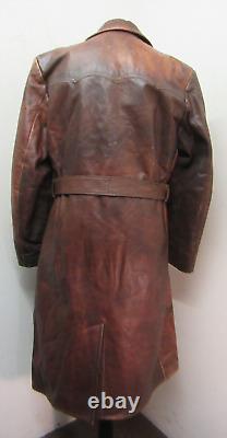 Vintage Ww1 Leather Motorcycle Aviator Officers Trench Jacket Size L Ace Patina