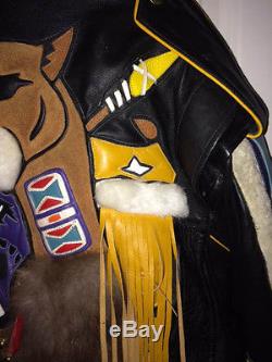 Volcano Like Design Mint-Black Leather Native American Biker jacket Size L/XL