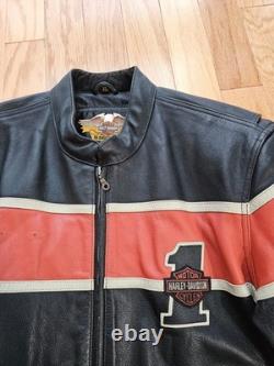 Vtg 90s Harley Davidson Victory Lane #1 Leather Jacket XL Black Orange Stripe