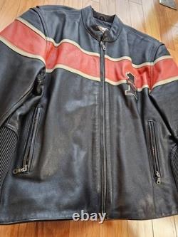 Vtg 90s Harley Davidson Victory Lane #1 Leather Jacket XL Black Orange Stripe