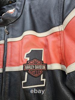 Vtg 90s Harley Davidson Victory Lane #1 Leather Jacket XL Black Orange Stripe