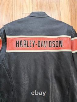 Vtg 90s Harley Davidson Victory Lane #1 Leather Jacket XL Black Orange Stripe
