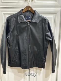 Vtg GAP Mens Black Leather Bomber Jacket Medium M Heavy Weight Quilted Lining