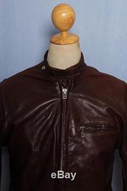 Vtg SCHOTT Brown CAFE RACER Leather Motorcycle Jacket Fleece Lining S/M