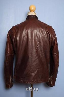 Vtg SCHOTT Brown CAFE RACER Leather Motorcycle Jacket Fleece Lining S/M