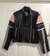 Vtg USA LEATHER Motorcycle black jacket Pink White Racing Stripes Women's Sz. M