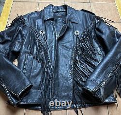 Vtg Unik Leather Fringed Men's Genuine Leather Motorcycle Jacket 46 Black Heavy