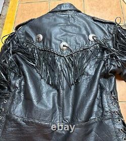 Vtg Unik Leather Fringed Men's Genuine Leather Motorcycle Jacket 46 Black Heavy