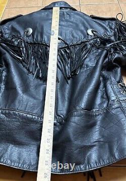 Vtg Unik Leather Fringed Men's Genuine Leather Motorcycle Jacket 46 Black Heavy