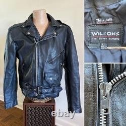 Vtg WILSONS Men's Black Leather Belted Motorcycle Jacket XL Biker Thinsulate