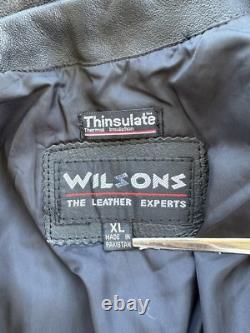 Vtg WILSONS Men's Black Leather Belted Motorcycle Jacket XL Biker Thinsulate