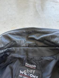 Vtg WILSONS Men's Black Leather Belted Motorcycle Jacket XL Biker Thinsulate