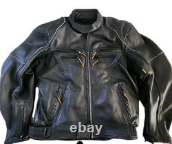 Vulcan Motorcycle Jacket Mens L Black Leather made with KEVLAR Protective Armour
