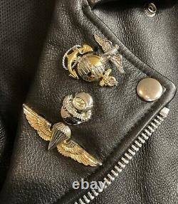 Wilsons Leather Black Brando Motorcycle Jacket 2XL Military Pins