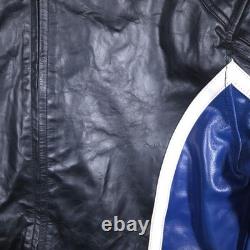 Wilsons M Julian Leather Jacket Mens Large Black Blue Moto Racer Cafe Zip Ribbed