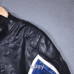Wilsons M Julian Leather Jacket Mens Large Black Blue Moto Racer Cafe Zip Ribbed