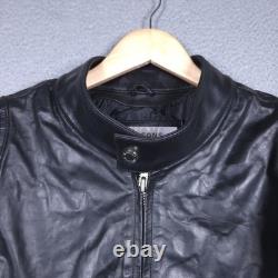 Wilsons M Julian Leather Jacket Mens Large Black Blue Moto Racer Cafe Zip Ribbed