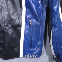 Wilsons M Julian Leather Jacket Mens Large Black Blue Moto Racer Cafe Zip Ribbed