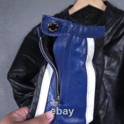 Wilsons M Julian Leather Jacket Mens Large Black Blue Moto Racer Cafe Zip Ribbed