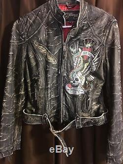 Womens Rare ED HARDY'Love Kills Slowly-NY Distressed Leather Moto Jacket, Sz M