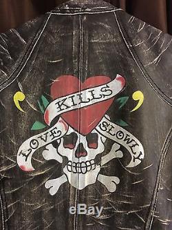 Womens Rare ED HARDY'Love Kills Slowly-NY Distressed Leather Moto Jacket, Sz M