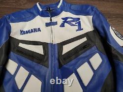 Yamaha R1 Motorcycle Blue & White Racing Armor Protected Leather Jacket