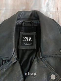 Zara Genuine Leather Biker Jacket Size L Mens Full Zip Black Rock Heavy Metal